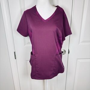 Grey’s Anatomy Scrub Top Women Medium Plum Stretch V-Neck Zipper Pocket Workwear